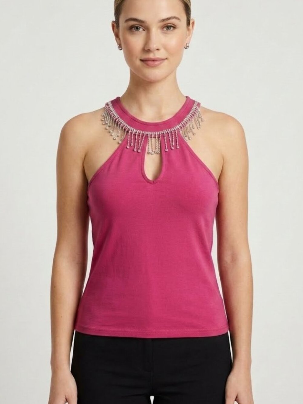 Jean Louis Francoise Pink Sleeveless Blouse Rhinestone Neckline Size S